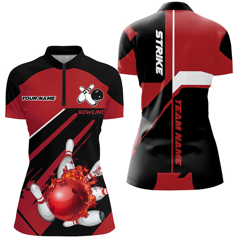 Black and red Bowling polo, quarter zip shirt for Women Custom Flame bowling ball pins uniform shirt NQS8671