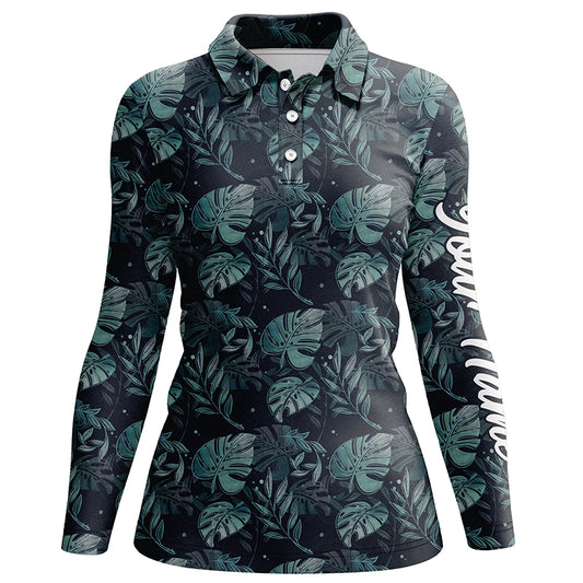Womens golf polo shirts with monstera leaves tropical custom name golf shirt, golfing gifts NQS5921