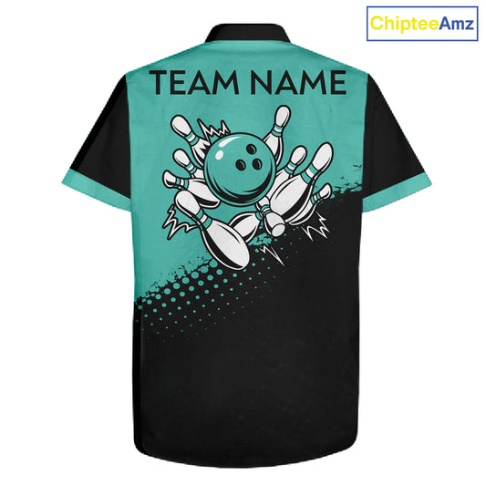 Black and Turquoise Retro Button-up Bowling Shirts, Vintage Team Bowling Shirts Custom NQS11635