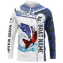 Load image into Gallery viewer, Walleye Fishing blue camo American Flag Custom name & boat name performance Long Sleeve Fishing Shirts NQS3457