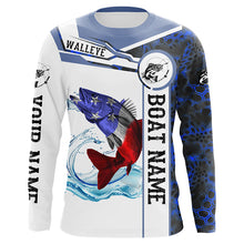 Load image into Gallery viewer, Walleye Fishing blue camo American Flag Custom name & boat name performance Long Sleeve Fishing Shirts NQS3457
