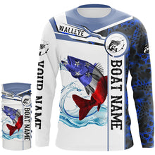 Load image into Gallery viewer, Walleye Fishing blue camo American Flag Custom name & boat name performance Long Sleeve Fishing Shirts NQS3457
