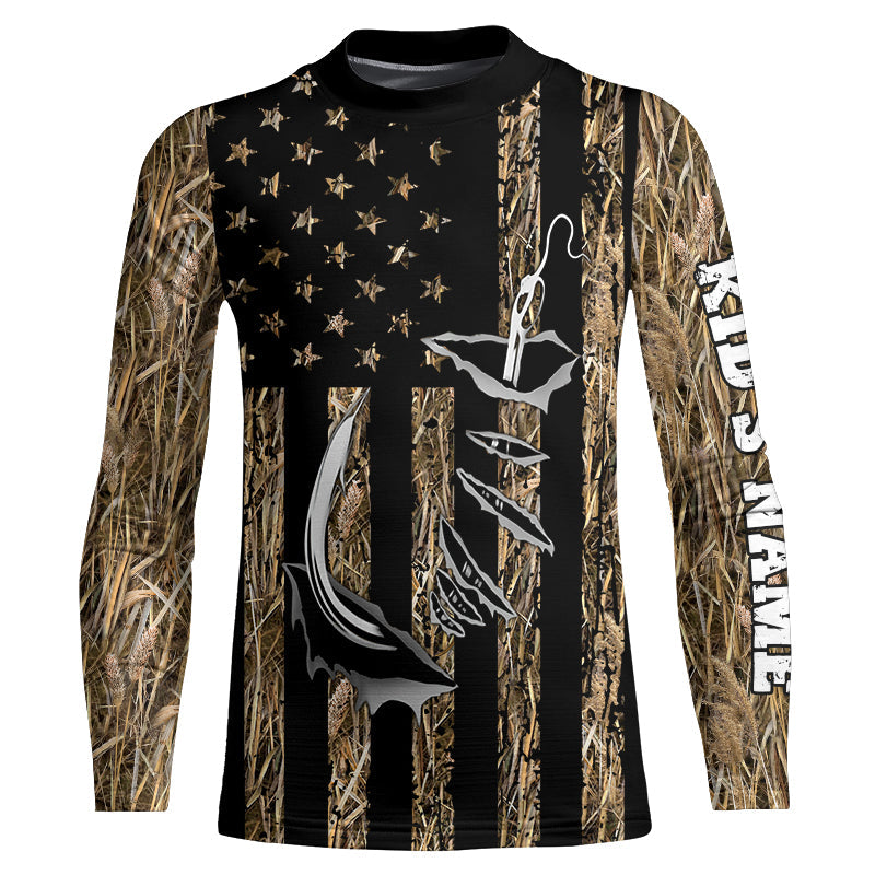 Personalized American Flag Camo Fishing Jerseys, Fish hook camo patriotic Long Sleeve Fishing Shirts NQS8920