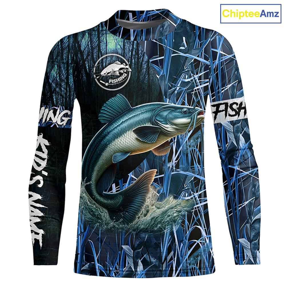 Catfish fishing blue camouflage fishing clothing Custom UV protection performance fishing shirt NQS2614