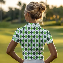 Load image into Gallery viewer, Womens golf polos shirts green argyle St Patrick's Day pattern golf shirts custom team golf polo NQS4726