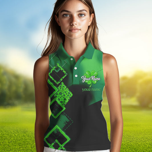Women Sleeveless polo shirt custom name green clover St Patrick day golf shirts, golfing gifts | Black NQS9514