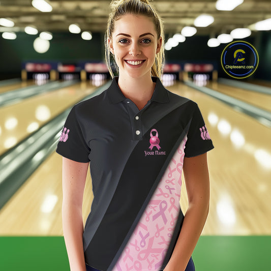 Black and Pink Ribbon Breast cancer Bowling Polo, 1/4 Zip Shirt for Women Custom Bowling Team Jersey NQS9961