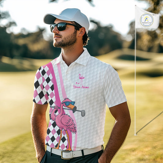 Funny Mens golf polo shirt custom pink and black argyle pattern flamingo white golf shirts NQS10252