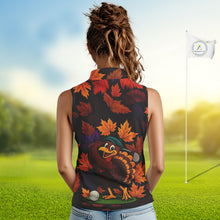 Load image into Gallery viewer, Golf Turkey Thanksgiving Women's Sleeveless Polo Shirt Orange Autumn Leaf Custom Golf top For Ladies NQS10637