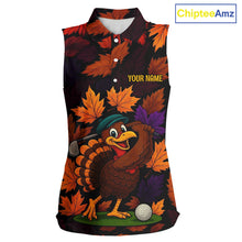 Load image into Gallery viewer, Golf Turkey Thanksgiving Women's Sleeveless Polo Shirt Orange Autumn Leaf Custom Golf top For Ladies NQS10637