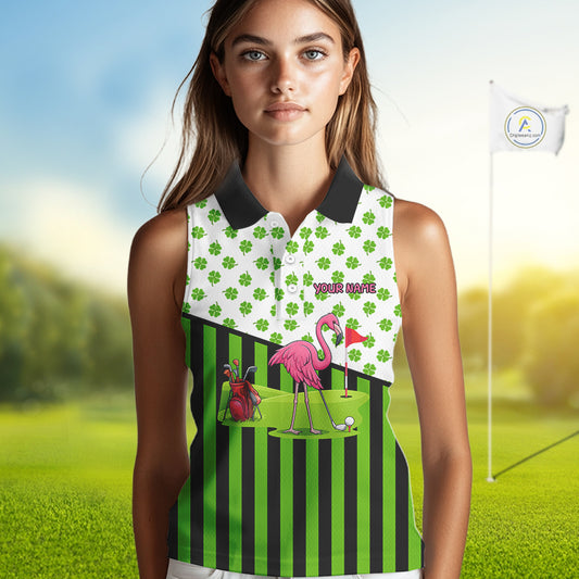 Green shamrock pattern flamingo Women's sleeveless polo shirt Custom St Patrick's Day golf outfit NQS11246