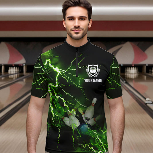 Men's bowling Quarter Zip shirts Custom green lightning thunder Bowling Team Jersey, gift for Bowlers NQS6146