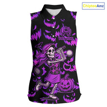 Load image into Gallery viewer, Purple and Black Halloween Pattern Funny Skull Golf sleeveless polo shirt Custom Halloween golf top NQS10663