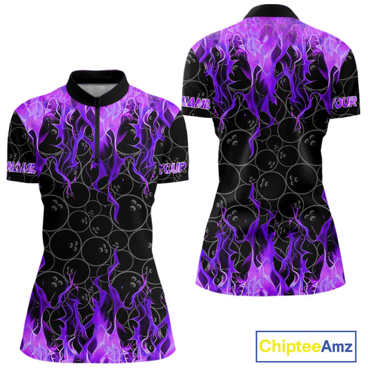 Black and Purple Flame camo Women bowling shirts Custom Flame Bowling Shirt Team Bowling Jersey NQS10666
