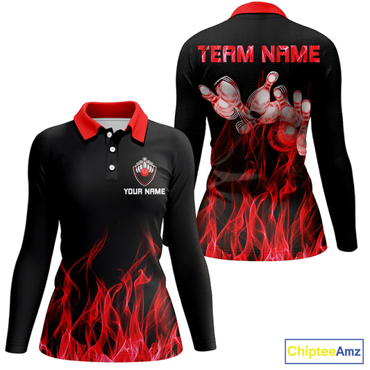 Red personalized bowling shirt for women – custom name design side view