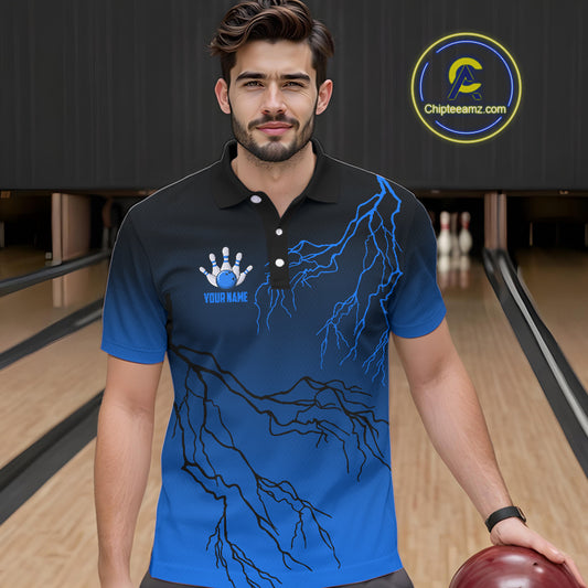 Black and Blue gradient Lightning thunder storm Bowling shirts for Men Custom Bowling Team Jerseys NQS10135