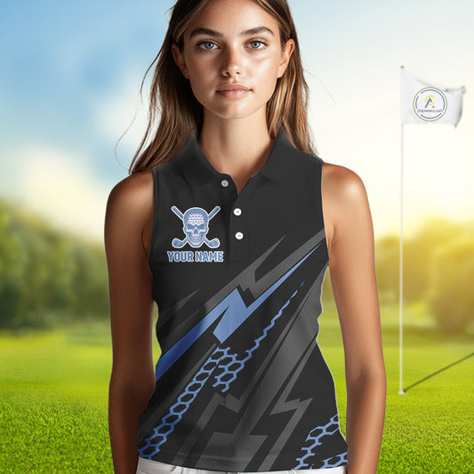 Black and Blue Skull Sleeveless Golf polo shirts Custom Ladies golf tops, Personalized golf gifts NQS10467