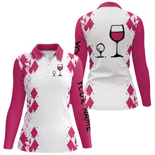 Load image into Gallery viewer, White Pink argyle pattern womens golf shirt Golf & wine custom name womens golf polo shirt NQS3924