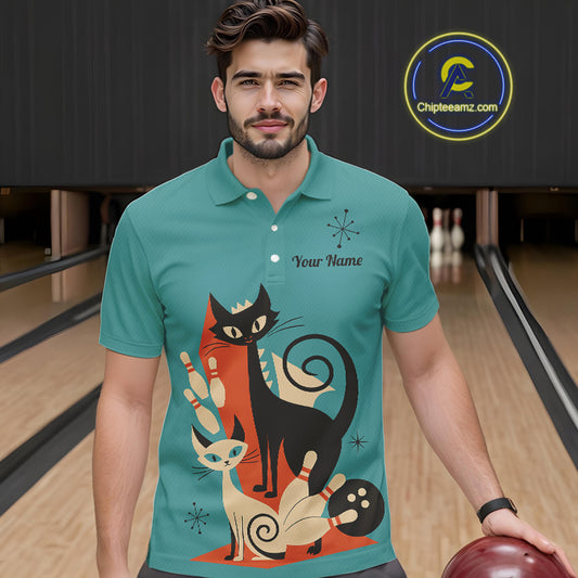 Custom retro bowling shirts Cat Bowling jersey for men Team Bowling Polo, 1/4 Zip Shirts | Blue NQS11072