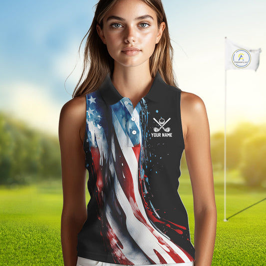 American flag Black Women sleeveless golf polo shirts Custom team patriotic golf top for ladies NQS9978