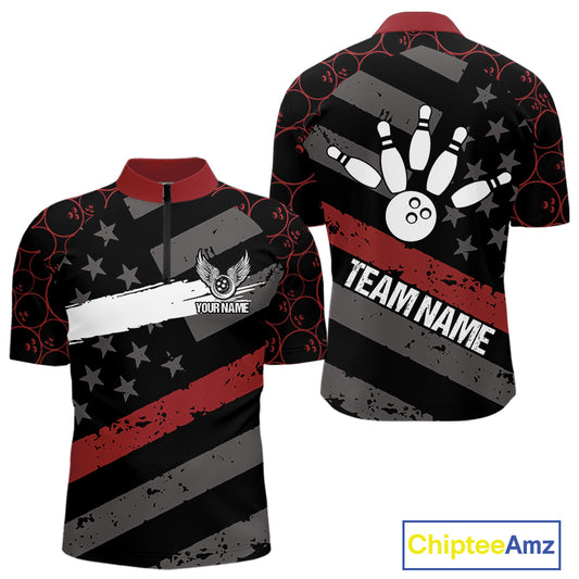 Black American flag Men bowling shirts Custom bowling camo Team Jerseys, gift for Bowlers | Red NQS10895