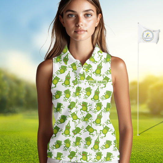 Funny Green Frog pattern Women Sleeveless polo shirt Custom golf attire for ladies, gift for golfers NQS11285