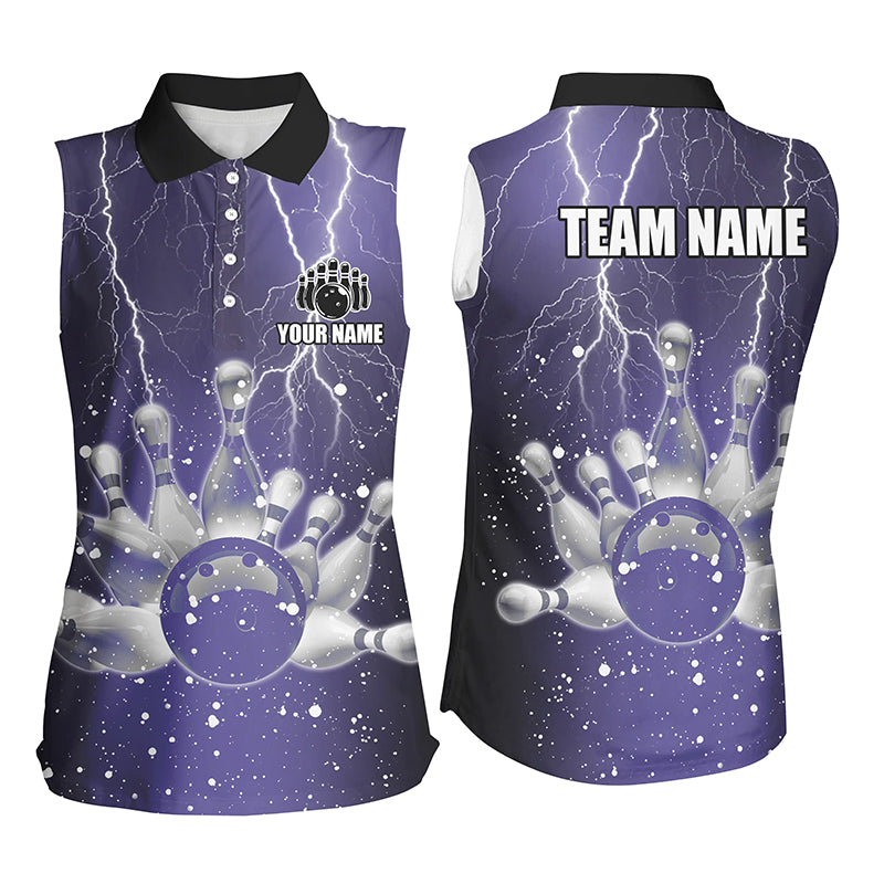 Purple lightning thunder Women Sleeveless Polo Shirts Custom bowling team jerseys, gift for bowlers NQS7865