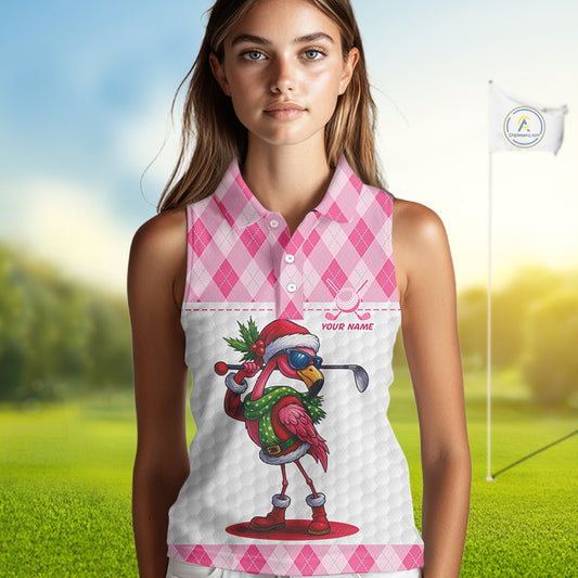 Funny Christmas Flamingo Women sleeveless polo shirt custom pink argyle pattern white golf apparel NQS11087