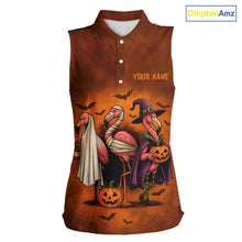 Load image into Gallery viewer, Funny Flamingo Pumpkin Sleeveless Golf Polo Shirt For Women Custom Halloween Golf Tops | Orange NQS10702