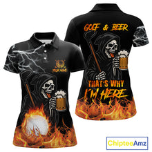 Load image into Gallery viewer, Funny Skull Reaper Lightning Flame Golf Polo Shirts For Women custom Golf & Beer That's why I'm here NQS10932
