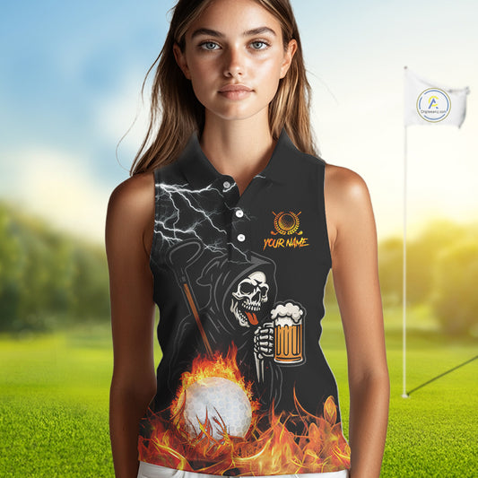 Funny Skull Reaper Lightning Flame Women Sleeveless Polo Shirt custom Golf & Beer That's why I'm here NQS10932
