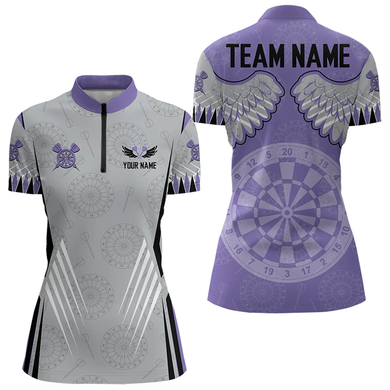 Dart Board Wings Camo Custom Team Dart Polo, Quarter Zip Shirt For Women, Ladies dart jersey | Purple NQS9253