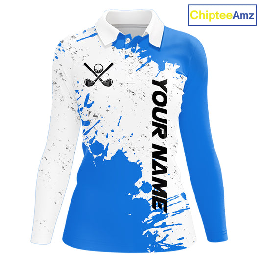 Blue and White Women's Golf polo shirts Custom team golf outfit, Personalized golf attire for ladies NQS11316