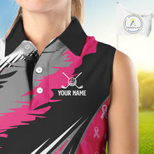 Load image into Gallery viewer, Sleeveless polo shirt Custom pink ribbon pattern ladies golf clothes, Breast cancer shirt for golfer NQS10516