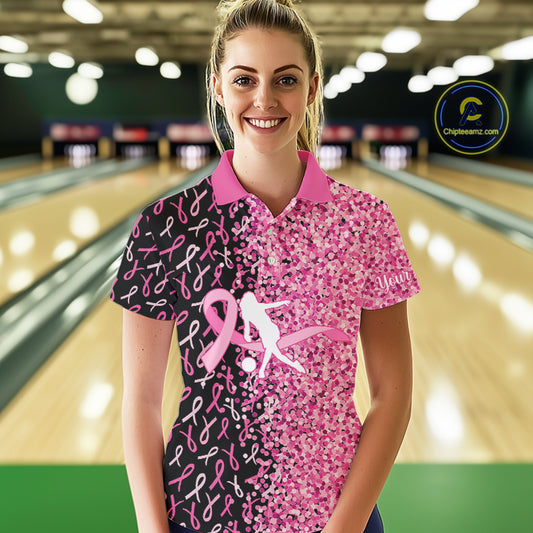 Pink glitter ribbon black Bowling Shirts For Women Custom Breast cancer bowling shirt gift for bowler NQS10180