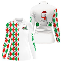 Load image into Gallery viewer, Christmas Womens golf polo Shirts custom red, white, green argyle pattern snowman golf ball Xmas gifts NQS9040