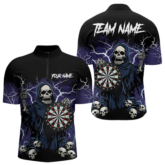 Purple Lightning Thunder Skull Darts Polo, Quarter zip Shirts For Men Custom Team Darts Jersey Outfit NQS9446