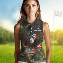 Load image into Gallery viewer, Black & Green Camo American Flag Eagle Womens sleeveless polo shirt Custom Patriotic Team Golf Jersey NQS10953