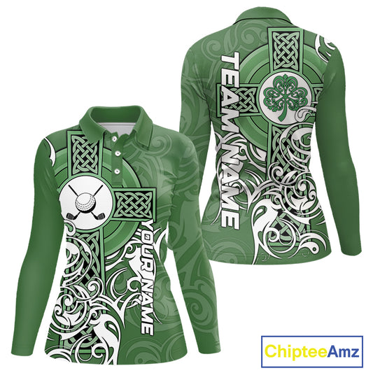Green Irish Tribal Cross St Patrick's Day Womens Golf Polo Shirts Custom Lucky Golf Team Jerseys NQS11335
