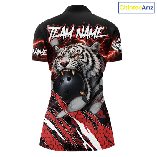 Black and Red Lightning Thunder Tiger Bowling Polo, 1/4 Zip Jersey for Women, Bowling Team shirts NQS11571