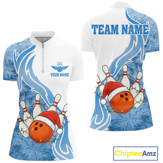 White and Blue Ice pattern Christmas Bowling shirts for Women Custom Xmas Team bowling jerseys NQS10967