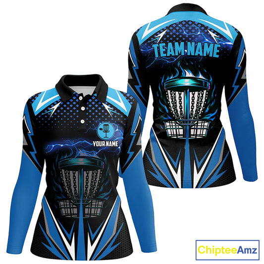 Black Women disc golf polo shirts custom blue fire lightning team disc golf jerseys, unique golf gifts NQS7382