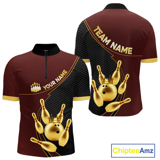 Red and Gold Bowling shirts for men Custom Team Bowling Polo, 1/4 zip Shirt bowlers Outfit NQS10973