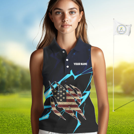 Vintage American Flag blue lightning Women Sleeveless polos Custom patriotic Golf outfit For ladies NQS10059