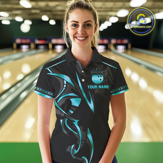 Black and Cyan Blue crown Bowling ball Polo, Quarter Zip Shirts for Women Custom Bowling Team jerseys NQS10075