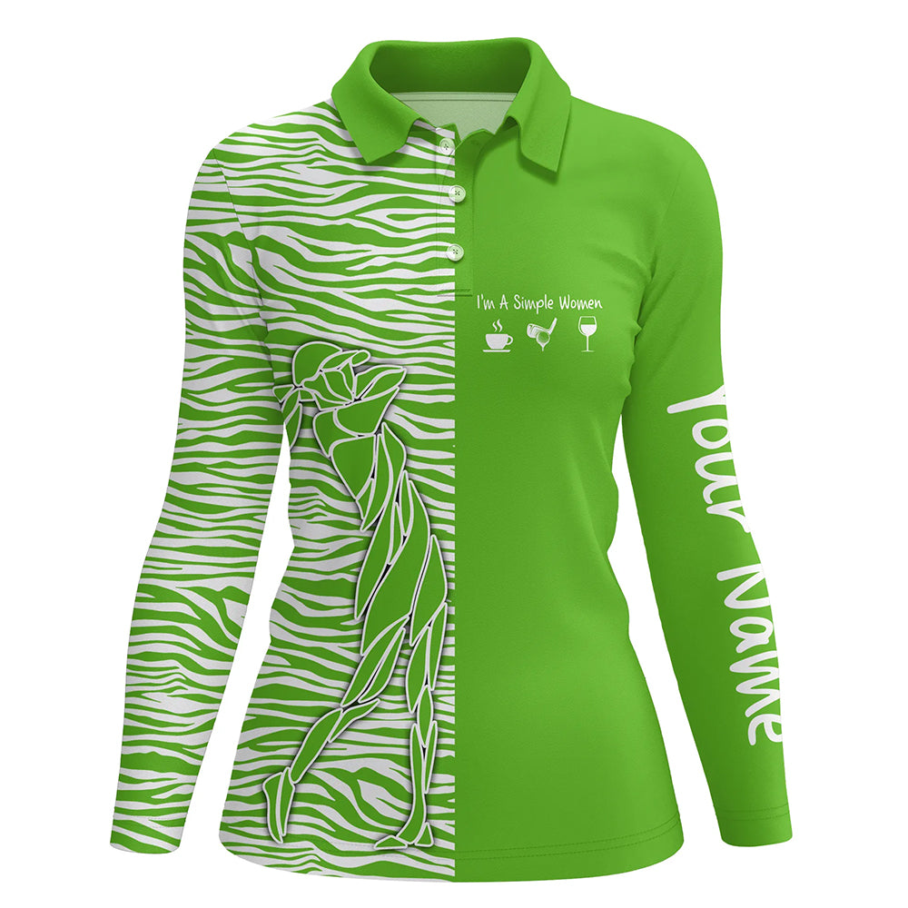 Green Womens golf polo shirt custom I'm a simple women coffee golf wine zebra pattern ladies golf tops NQS5403