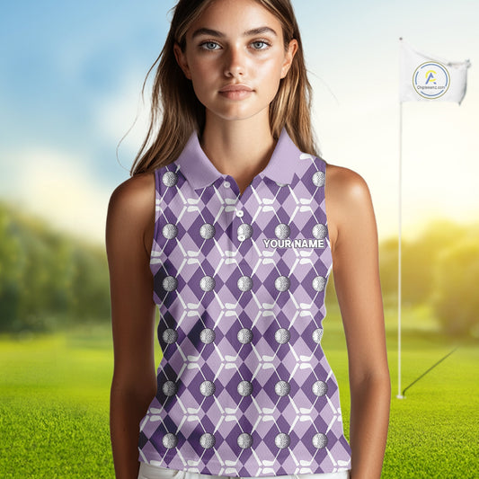 Women sleeveless polo shirt custom purple argyle plaid pattern golf attire for ladies, golfer gifts NQS10078