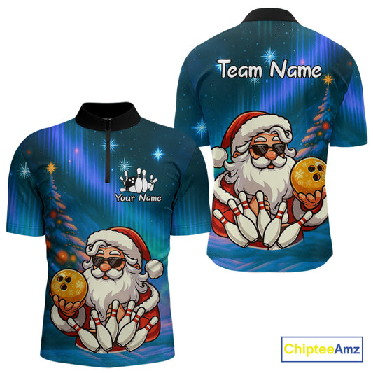 Funny Santa Christmas Bowling Shirts For Men Custom Blue Christmas Night Bowling Team Jersey NQS11010