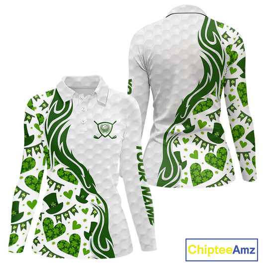 Custom White and Green St Patrick's day pattern Golf Polo Shirts For Women, team ladies golf outfit NQS11209