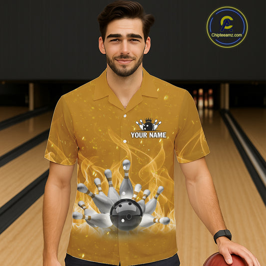 Personalized Yellow Flame Funny Bowling Button-up shirts My drinking team has a bowling problem NQS11616